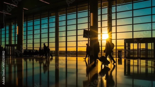 Travelers in silhouette with luggage walking through a modern airport terminal during a vibrant sunrise.
