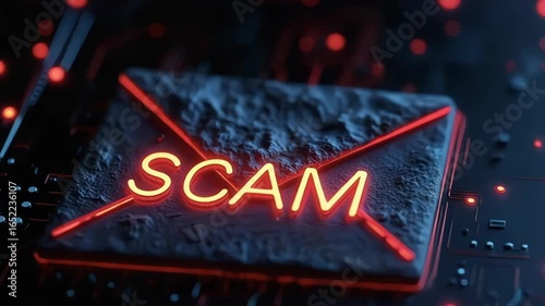 Digital email scam alert with glowing text on a dark textured background