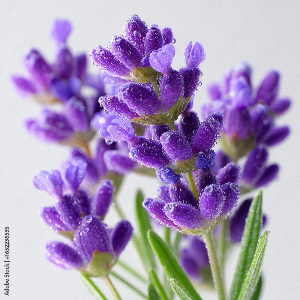 Obraz premium Close-up of purple lavender flowers with water droplets, showcasing vibrant petals and natural beauty of the aromatic herb.