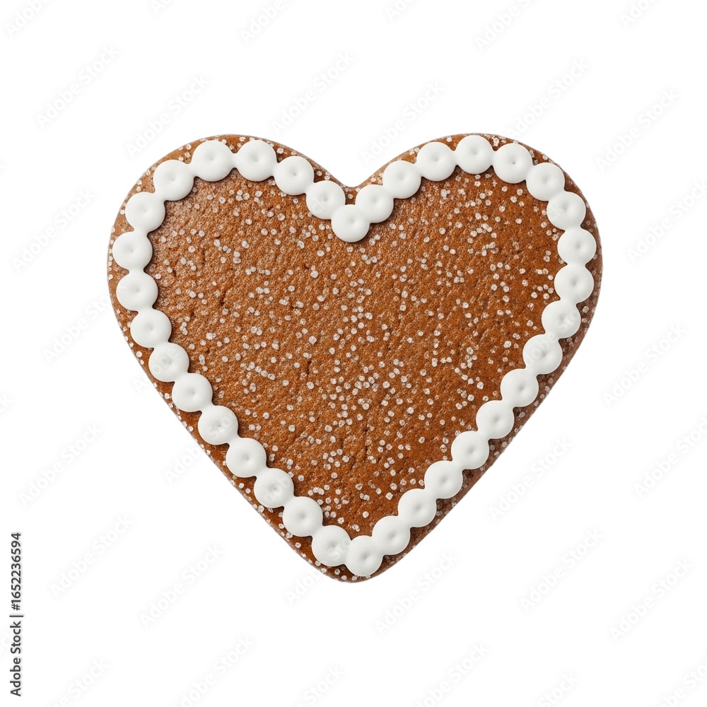 Obraz premium Gingerbread heart cookie with white icing dots and powdered sugar, isolated on white and transparent background for festive dessert concepts