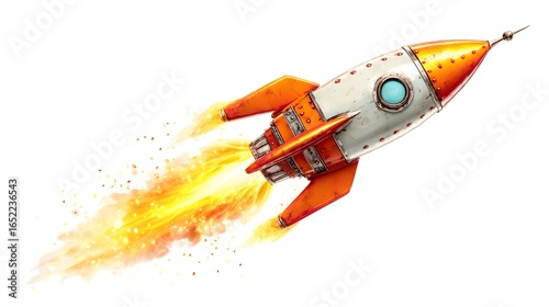 Rusty orange rocket soaring through space.