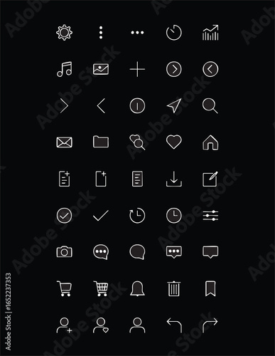 Collection of minimalist white line icons on black background, depicting various web and app interface symbols.