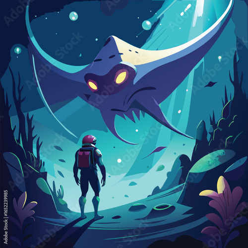 Sci-Fi Underwater Scene with Diver and Giant Manta Ray