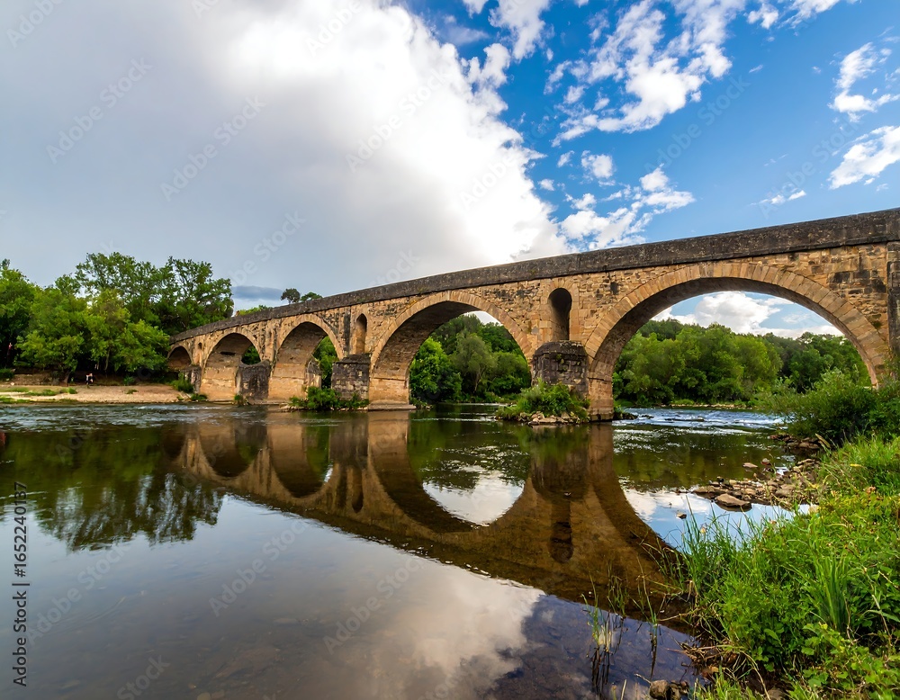 Fototapeta premium Stone arch bridge spanning a calm river, perfectly reflected in the still water, under a partly cloudy sky