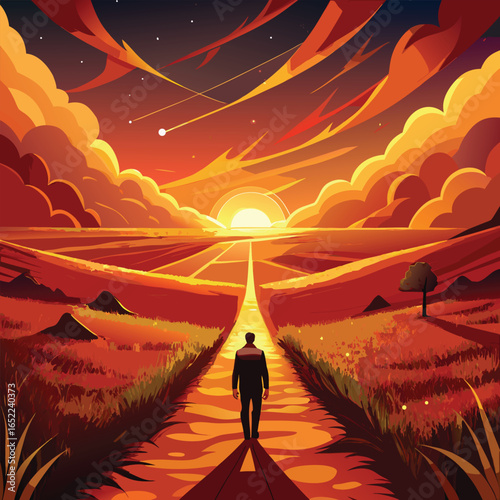 Man Walking into Glowing Sunset over Fields