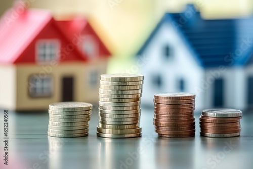 Miniature houses with stacks of coins, illustrating property investment