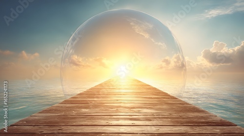 Wooden pier leading to a sunrise through a transparent sphere.