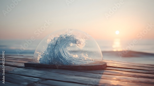 Fototapeta Naklejka Na Ścianę i Meble -  Frozen wave captured in a glass dome at sunrise.
