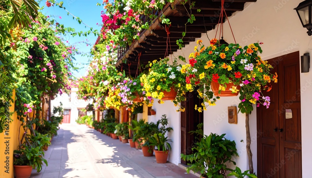 Fototapeta premium Sunlit alleyway with vibrant hanging flower baskets and potted plants lining the walls of colorful buildings