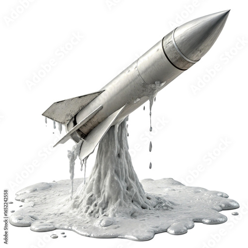 Futuristic rocket launch fails dramatically melting into abstract art, symbolizing innovation challenges