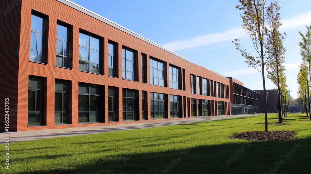 Fototapeta premium Modern brick building with grassy expanse