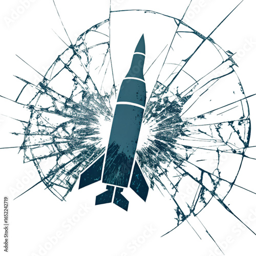 Powerful rocket piercing through shattered glass creating dynamic impact and urgent action