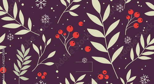 Elegant winter berry and leaf pattern with snowflakes on deep purple background