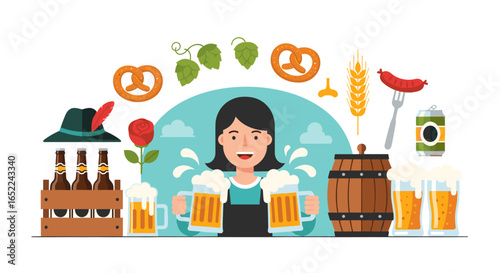 Joyful woman serving frothy beer mugs surrounded by oktoberfest celebratory symbols and drinks