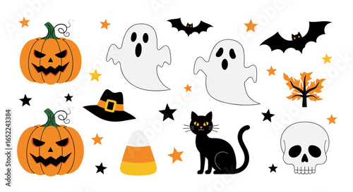 Spooky halloween icons including pumpkins ghosts black cat witch hat candy corn skull and bats for festive decor