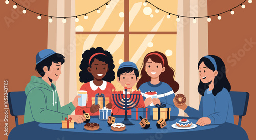 Joyful family celebrates hanukkah traditions with festive food, gifts, and menorah lighting