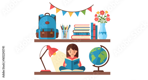 Child happily reading a book under a desk lamp with a globe and school supplies nearby