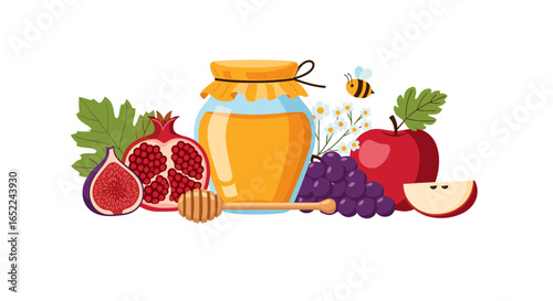 Sweet rosh hashanah bounty fresh fruits honey bee and leaves celebrate tradition and harvest