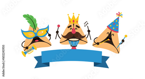 Joyful hamantaschen characters celebrate purim with music and festive attire, ready for your message!