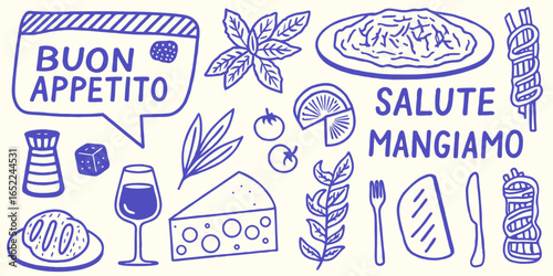 Italian-style vacation hand-drawn vector illustrations in a grunge chalk or charcoal rough doodle sketch style. Summer vacation elements in ink simple style.