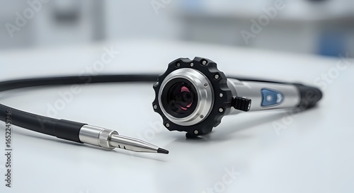 close-up, detailed shot of an advanced medical endoscope and its camera probe, resting on a clean, white surface.