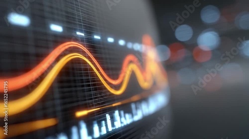 Financial Data Display: The scene captures a dynamic financial data display, highlighting fluctuating market trends and numerical data.