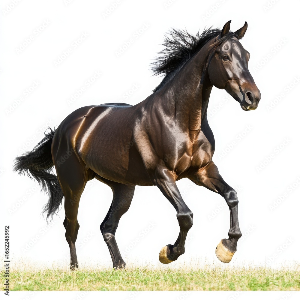 Fototapeta premium Brown Horse Galloping In A Field Against A Plain Background