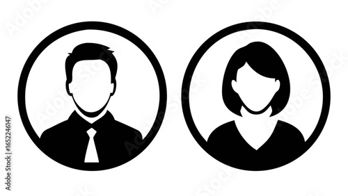 Profile Icons: Iconic male and female silhouettes in circular frames, represent a diverse symbol for user accounts, emphasizing identity, privacy, and digital presence.