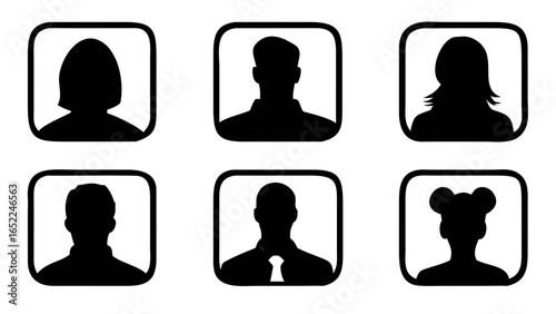 Silhouette Profiles in Frames: Diverse silhouettes of individuals within frames, offering a clean and modern representation suitable for various design projects.