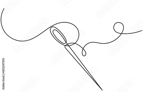 Continuous line drawing of Needle icon vector.A minimal line art illustration of a sewing needle with thread passing through its eye,one line drawing of a needle thread isolated on a white background