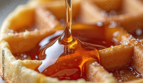 Close up of golden syrup pouring onto a waffle with sugar crystals for a sweet breakfast treat