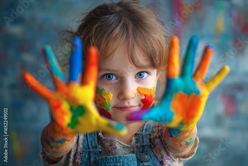 Young Girl with Paint-Covered Hands Expressing Creativity and Joyful Childhood Against a Modern Background