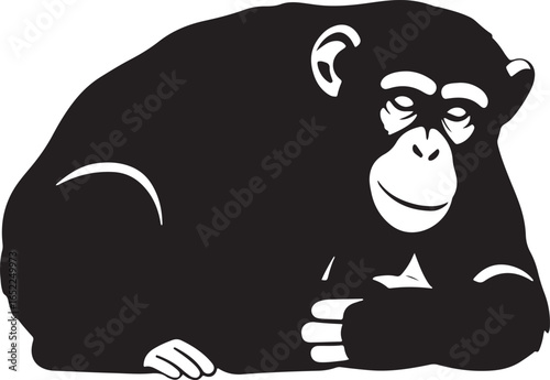 Black and white illustration of a relaxed chimpanzee showcasing primal simplicity and minimalist animal art design for modern concepts