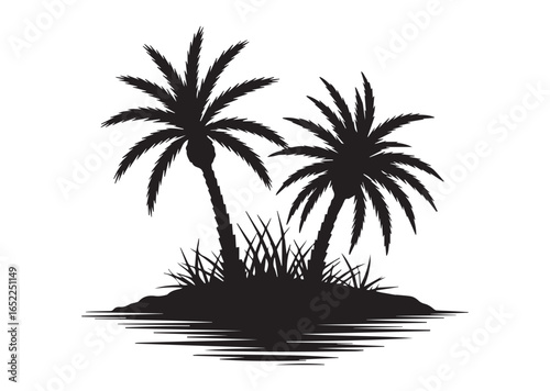 Shows a desert oasis with palm trees and grass growing Vector illustration