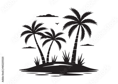 Shows a desert oasis with palm trees and grass growing Vector illustration