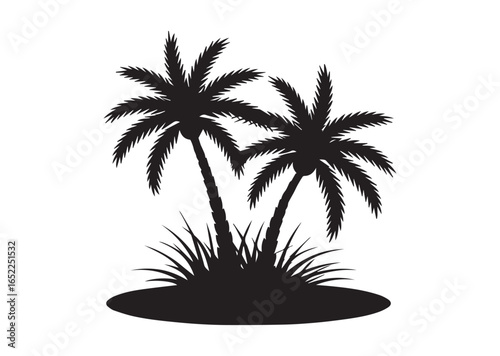 Shows a desert oasis with palm trees and grass growing Vector illustration
