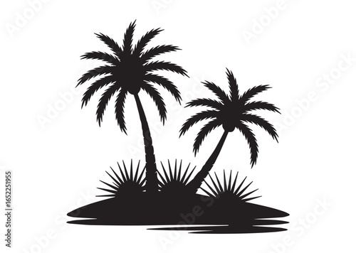 Shows a desert oasis with palm trees and grass growing Vector illustration