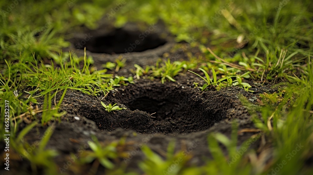 Fototapeta premium Close Up Of Small Holes In Dark Soil Surrounded By Green Grass