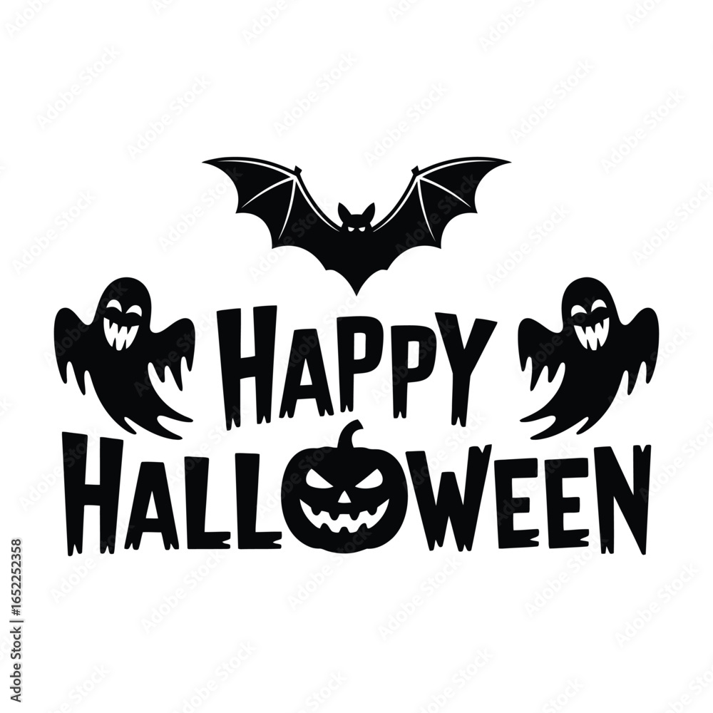 Fototapeta premium Happy Halloween vector with ghosts, bats, and a pumpkin, great for a spooky holiday design or banner.