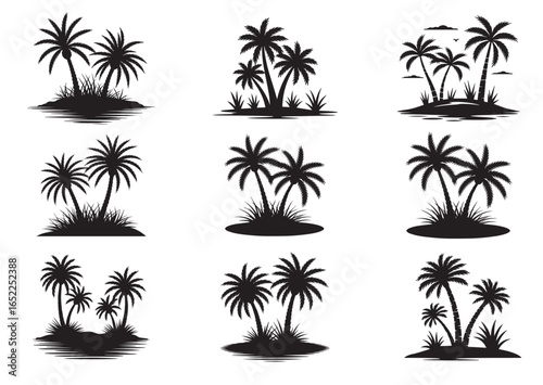 Shows a desert oasis with palm trees and grass growing Vector illustration