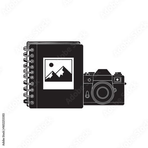 Vintage Camera and Photo Album Symbolizing Photography Journey Memories and Creative Process in Monochrome