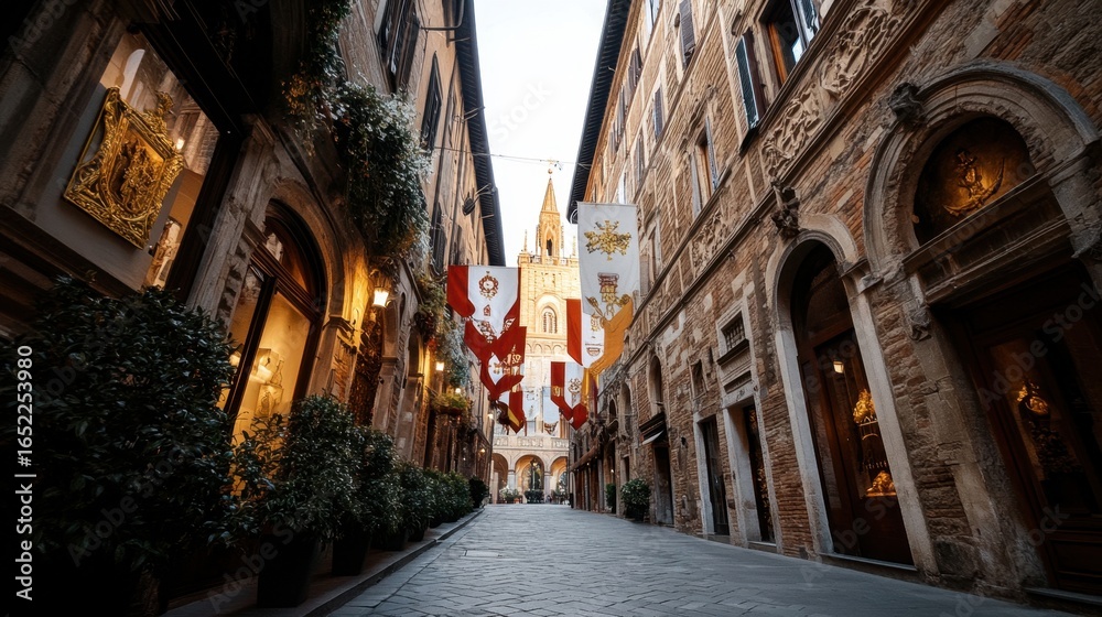 Fototapeta premium Charming historic italian street with flags and cathedral in the background. Santo Domingo Celebrations Start. Investiture Ceremony of the Captains Regent