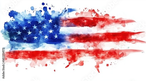 Abstract american flag watercolor art with stars and stripes in blue and red hues. Independence Day