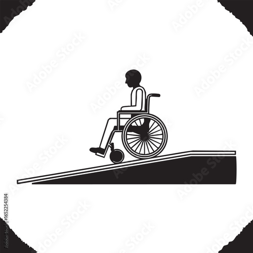 Wheelchair accessibility symbol with person on ramp showing access and inclusion for disabled individuals in public spaces graphic illustration