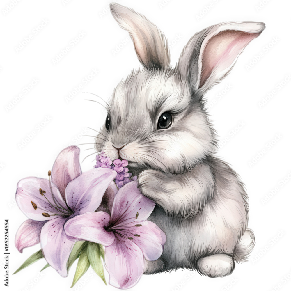 Obraz premium Adorable fluffy bunny rabbit eating a pink lily flower, isolated on transparent background