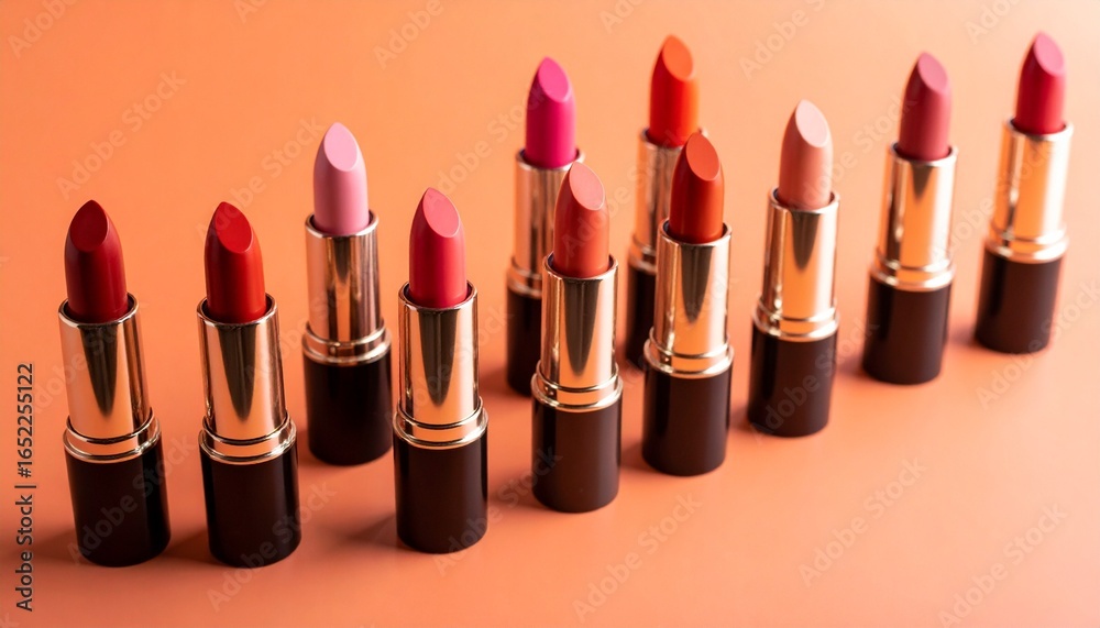 Obraz premium Ten lipsticks in black-and-gold tubes form a diagonal line across an orange backdrop