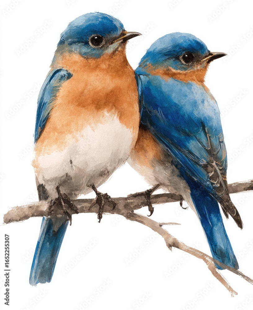 Fototapeta premium Two bluebirds perched on a branch (2)
