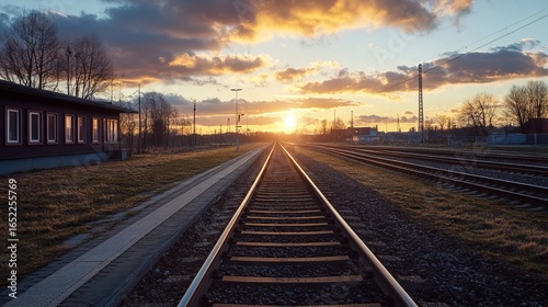 Railroad tracks stretching into a vibrant sunset
