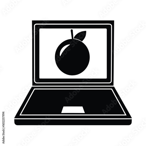 Vector art of laptop computer screen displaying a single apple with a leaf, isolated