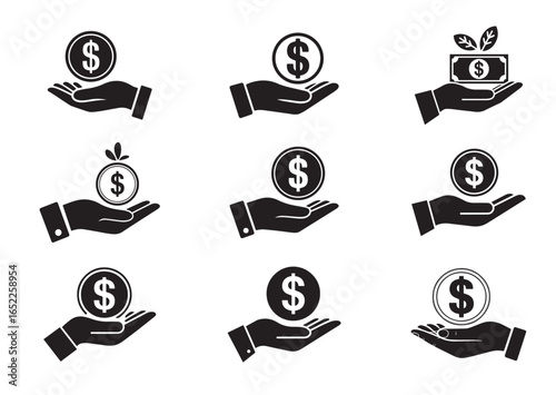 Money invest finance, hand holding dollar vector Set